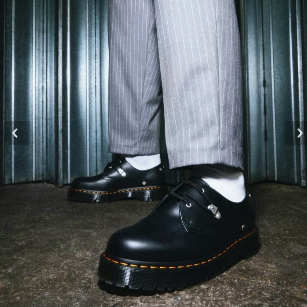 Dr. Martens Bex Stud Black Leather Oxfords with Yellow Stitching